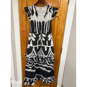 Point Sur Black White Abstract Floral Cotton Tiered Maxi Dress Size 0 Boho Pom T